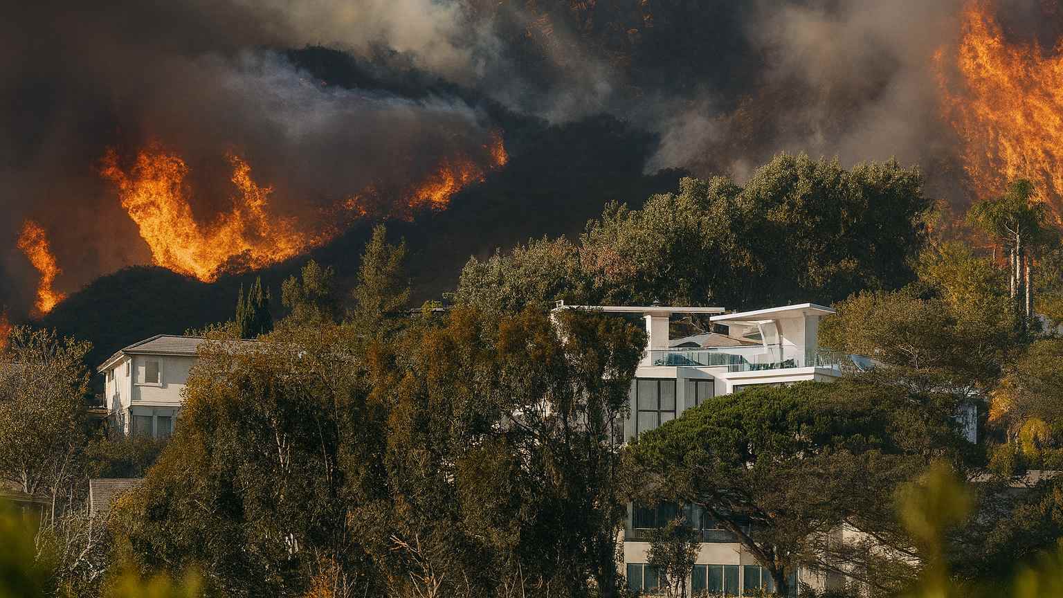 odern Los Angeles hillside home with fire-resistant landscaping, symbolizing resilience against wildfires.