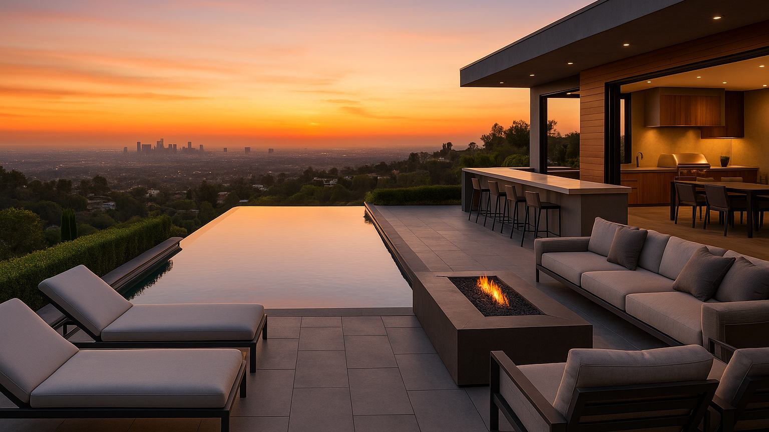 Luxury Los Angeles backyard with infinity pool and outdoor kitchen overlooking the city skyline.