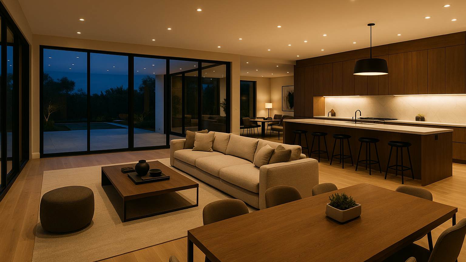 Modern Los Angeles luxury home interior with open design and dramatic lighting, styled for Hollywood appeal.