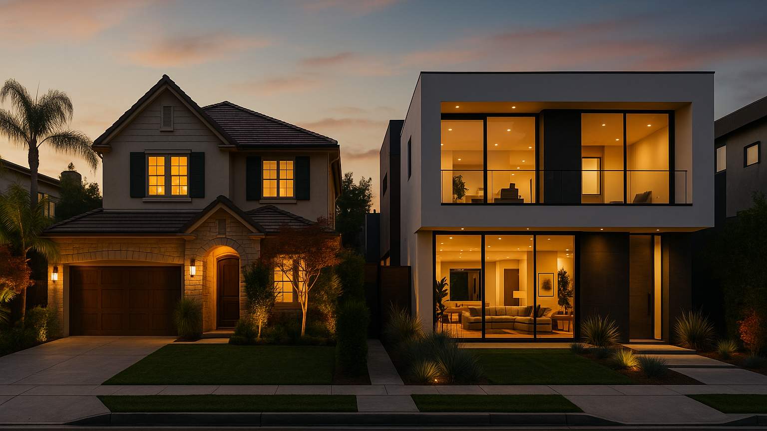 Two contrasting Los Angeles luxury homes, one styled as a family residence and one as an investment property.