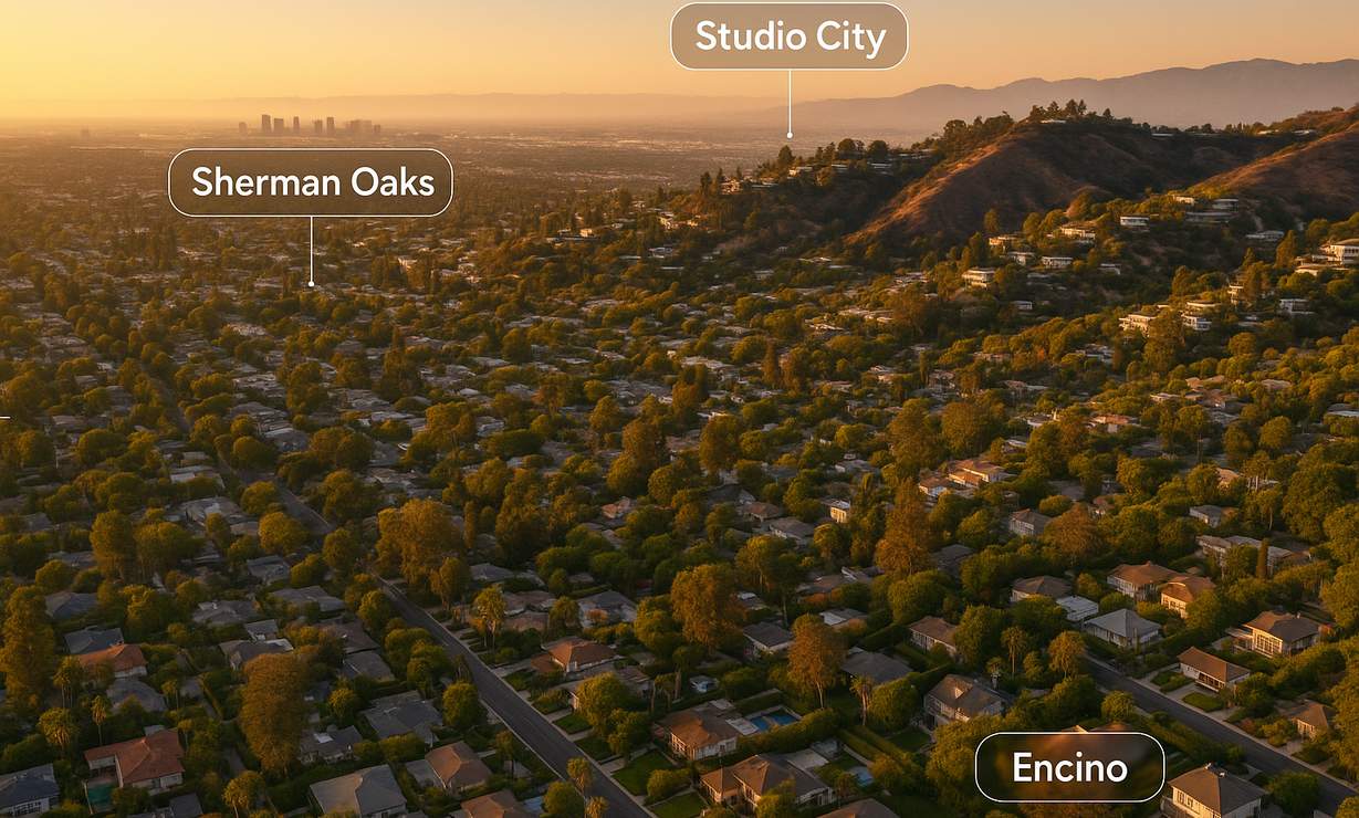 Aerial view of Sherman Oaks, Studio City, and Encino luxury neighborhoods in the San Fernando Valley.